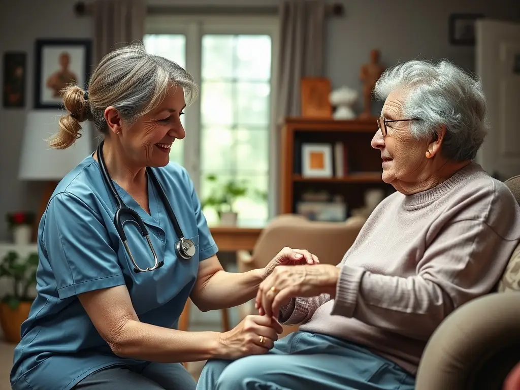 A Niya Healthcare registered nurse is compassionately assisting an elderly patient in a comfortable nursing home setting, demonstrating the company's commitment to quality direct care.
