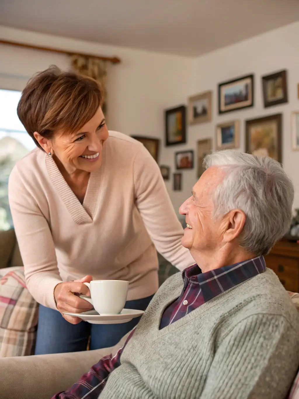 A caregiver providing palliative care to a patient in a home setting, offering comfort and emotional support. The scene is peaceful and empathetic.