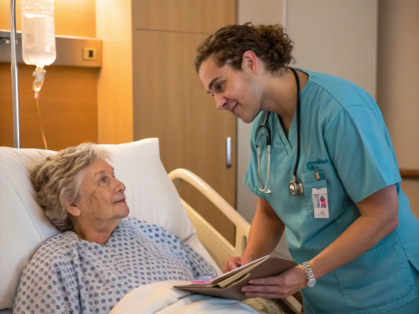 A Niya Healthcare healthcare assistant is providing attentive care to a patient in a hospital room, showcasing the company's dedication to providing reliable healthcare staffing solutions.